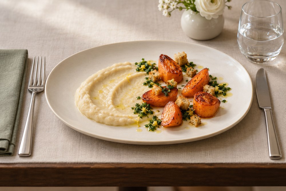 Bohnencreme mit Karotten Roggenknusper und Petersiliensalsa