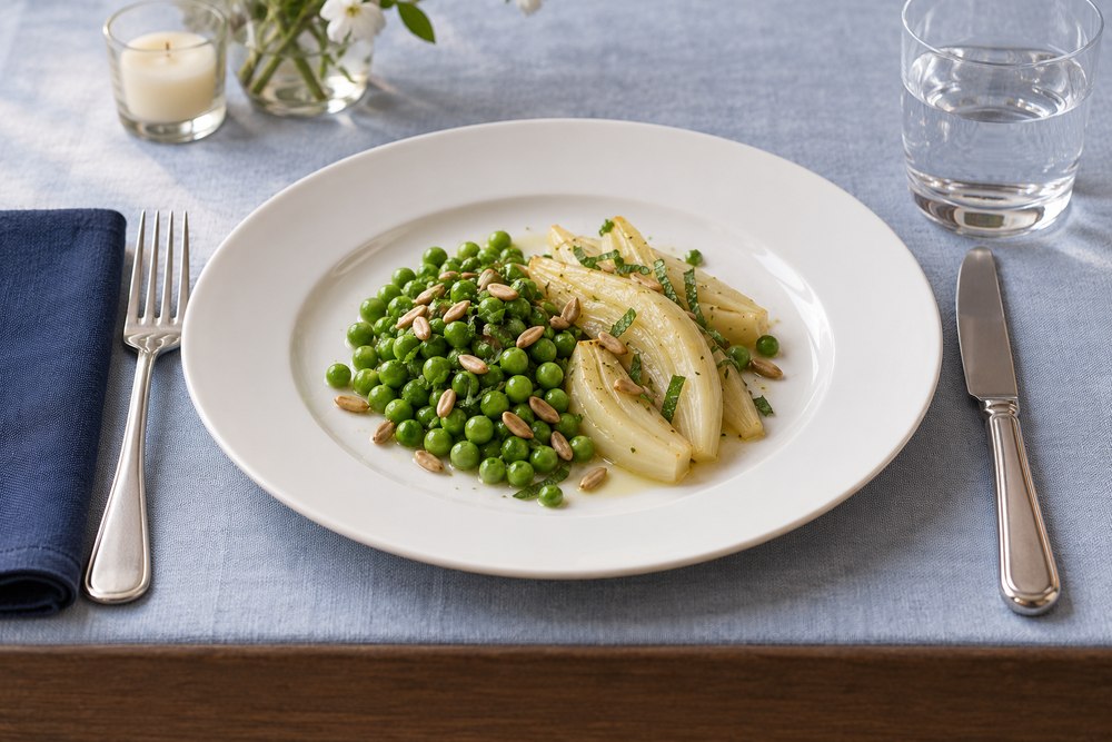 Erbsen mit Fenchel Minze und Sonnenblumenkernen