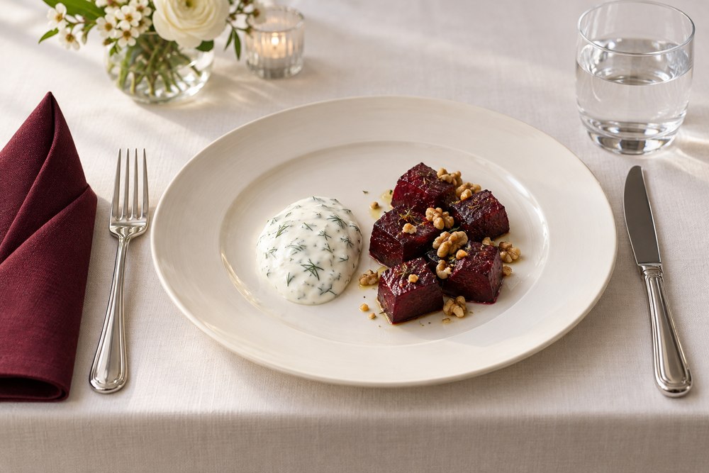 Ofenranden mit Sojajoghurt Dill und Walnuss