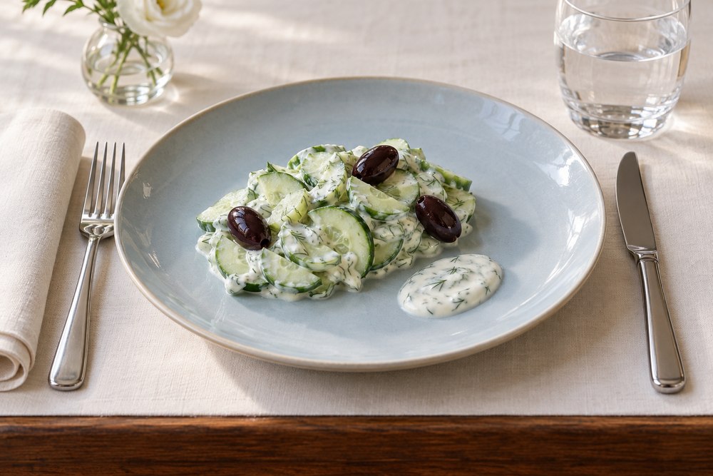 Gurke mit Kräuterjoghurt Oliven und Zitronenduft