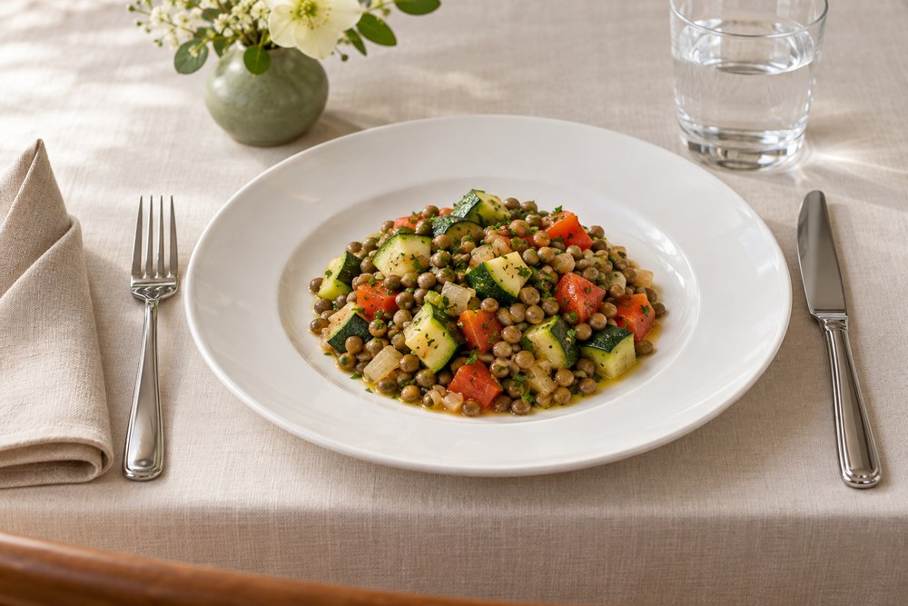 Linsen mit Tomaten Zucchetti und Kräuteröl