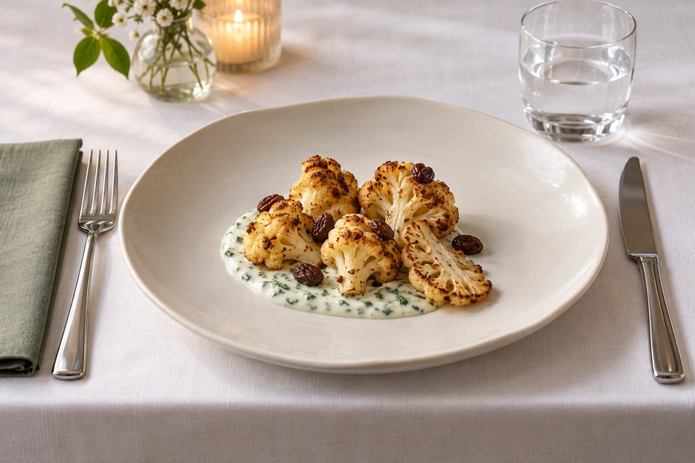 Gerösteter Blumenkohl mit Zitronen Kräutersauce und Rosinen