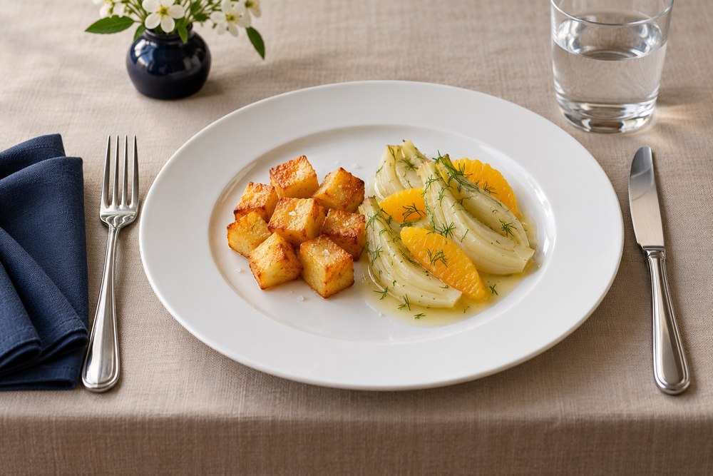 Fenchel mit Orange knusprigen Kartoffeln und Dill