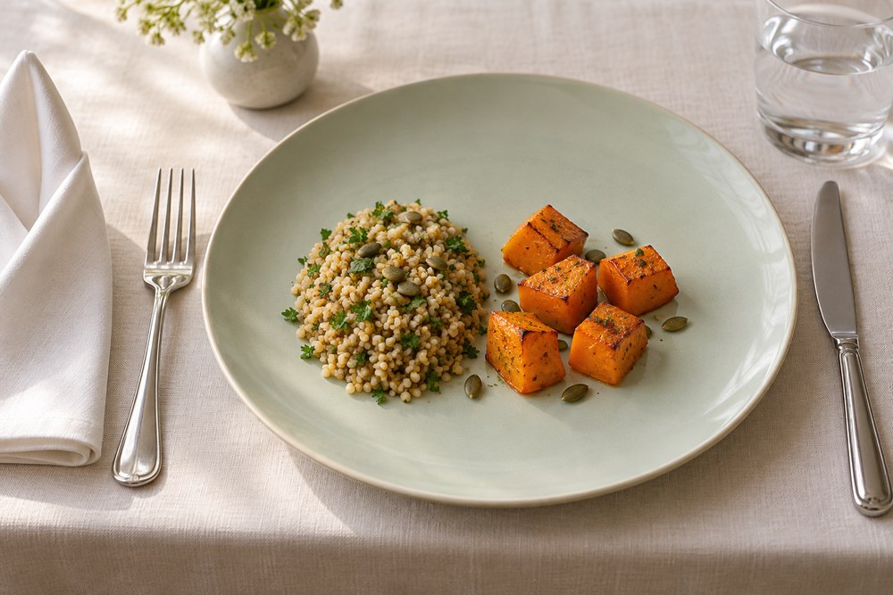Bulgur mit Ofenkürbis Petersilie und Kürbiskernen