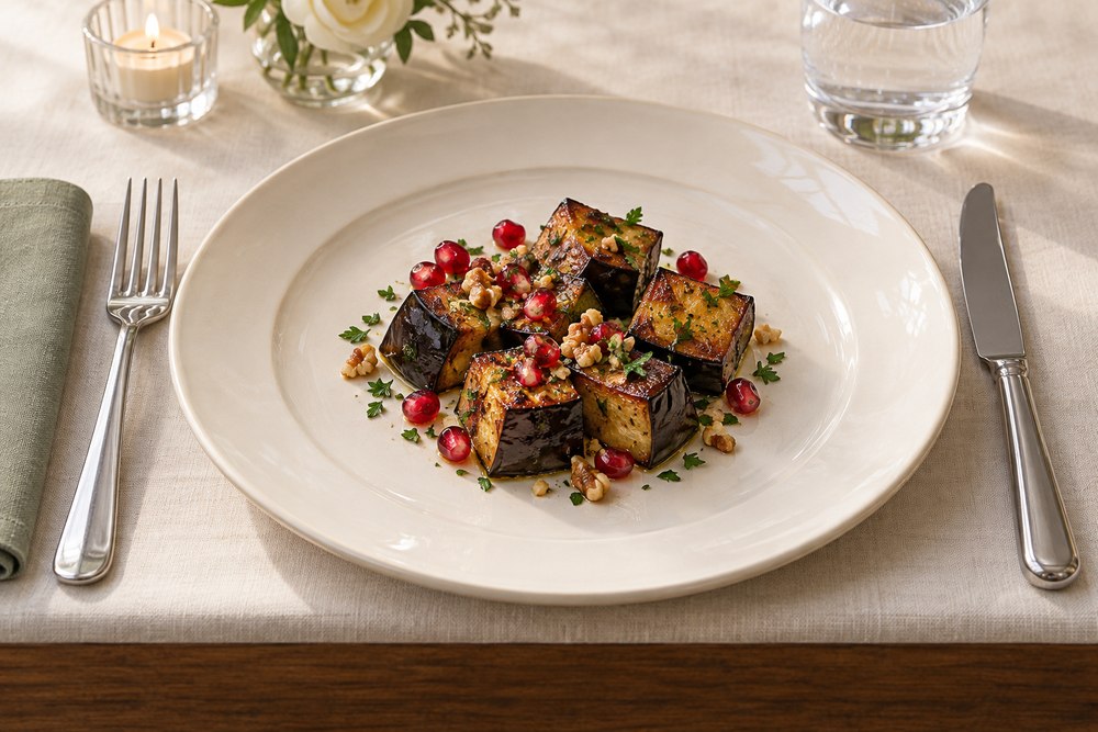 Geröstete Aubergine mit Granatapfel Walnuss und Petersilie