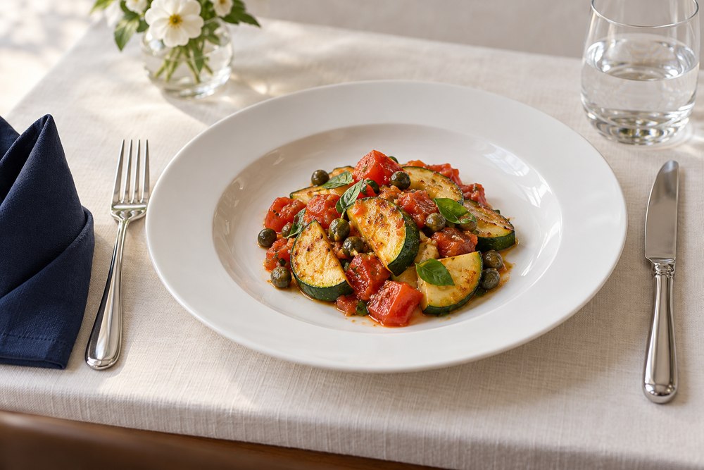 Zucchetti mit Tomaten Kapern und Basilikum