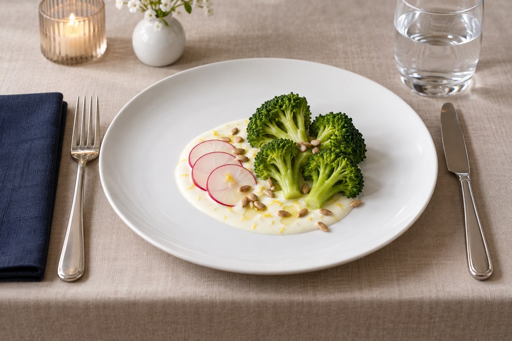 Brokkoli mit Zitronencreme Radieschen und Sonnenblumenkernen