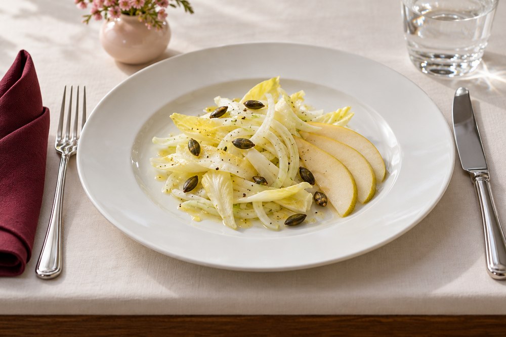 Chicorée Fenchel Salat mit Birne und Kürbiskernen