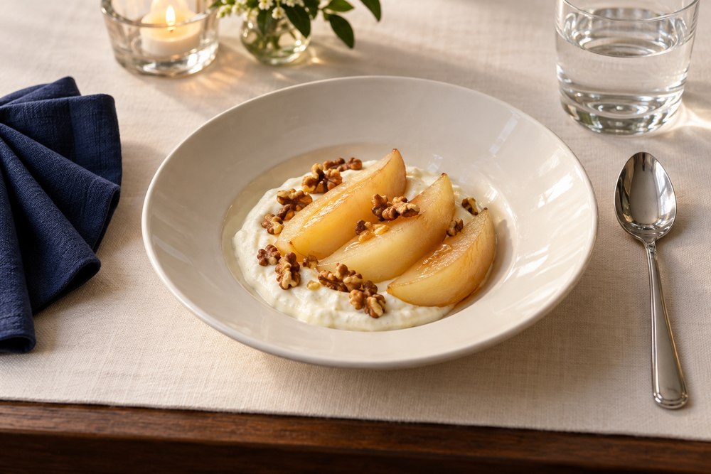Joghurtcreme mit warmer Honigbirne und Walnuss