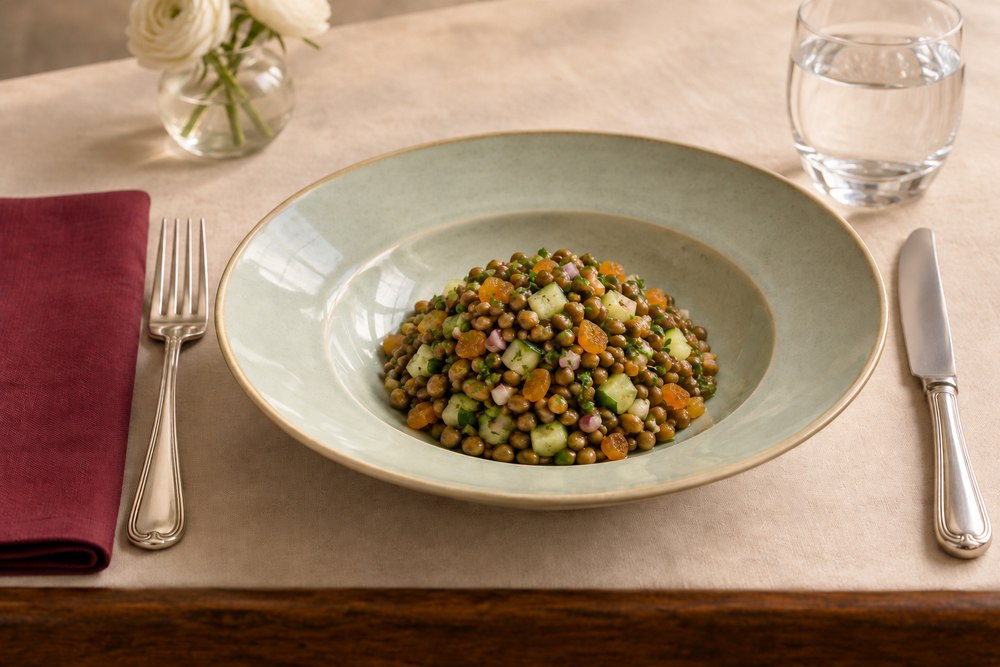 Linsensalat mit Gurke Aprikose und Petersilie