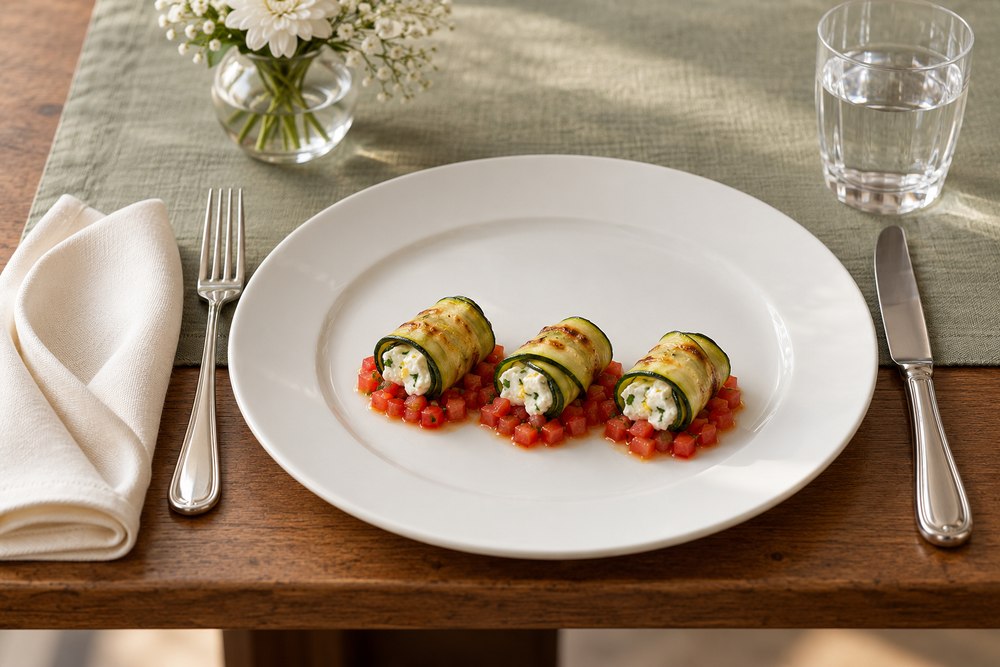 Zucchettiröllchen mit Kräuterquark und Tomate