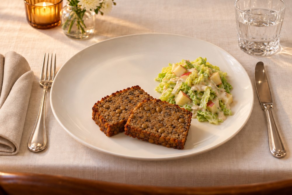 Linsen Pilz Braten mit Wirz und Senf