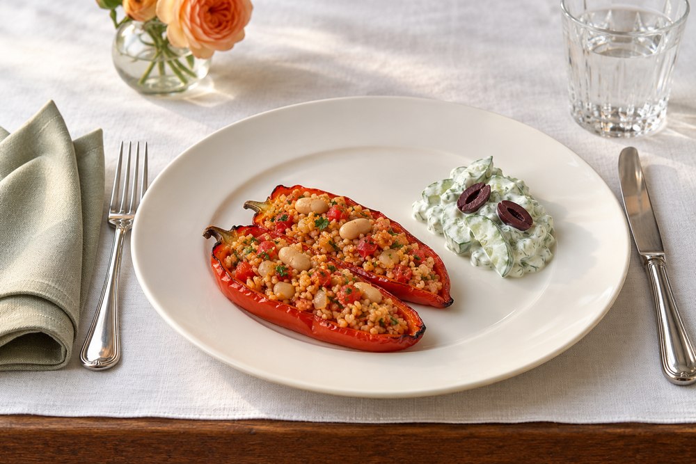 Peperoni mit Bulgur Bohnen und Tomaten