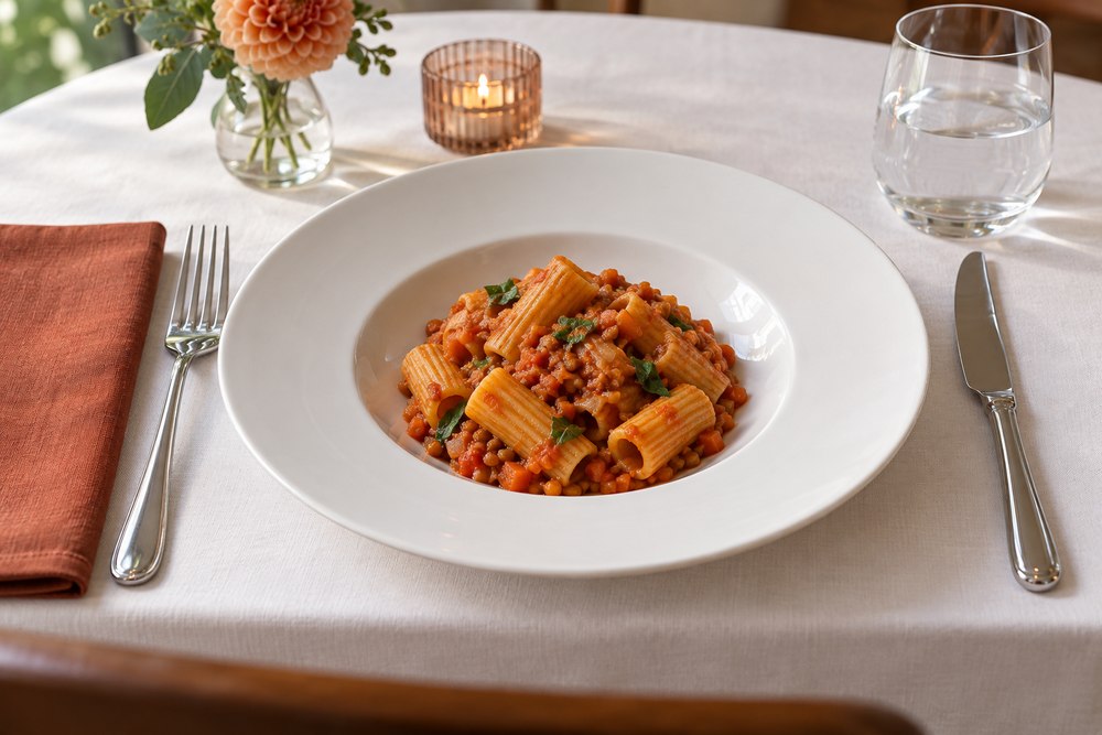 Pasta mit roter Linsen Tomaten Sauce