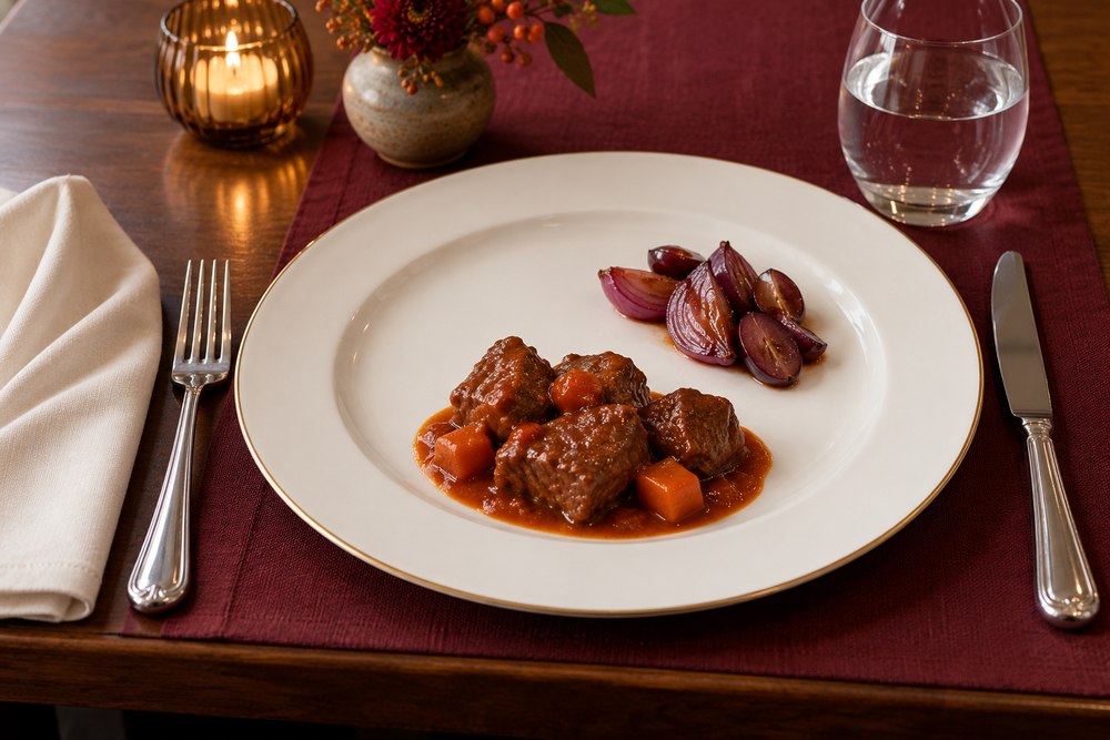 Lammragout mit Trauben Zwiebel Garnitur