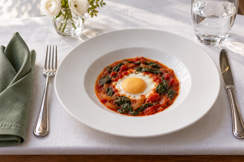 Eier in Tomaten Spinat Sauce