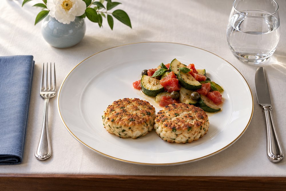 Fischküchlein mit Zucchetti Tomaten Garnitur