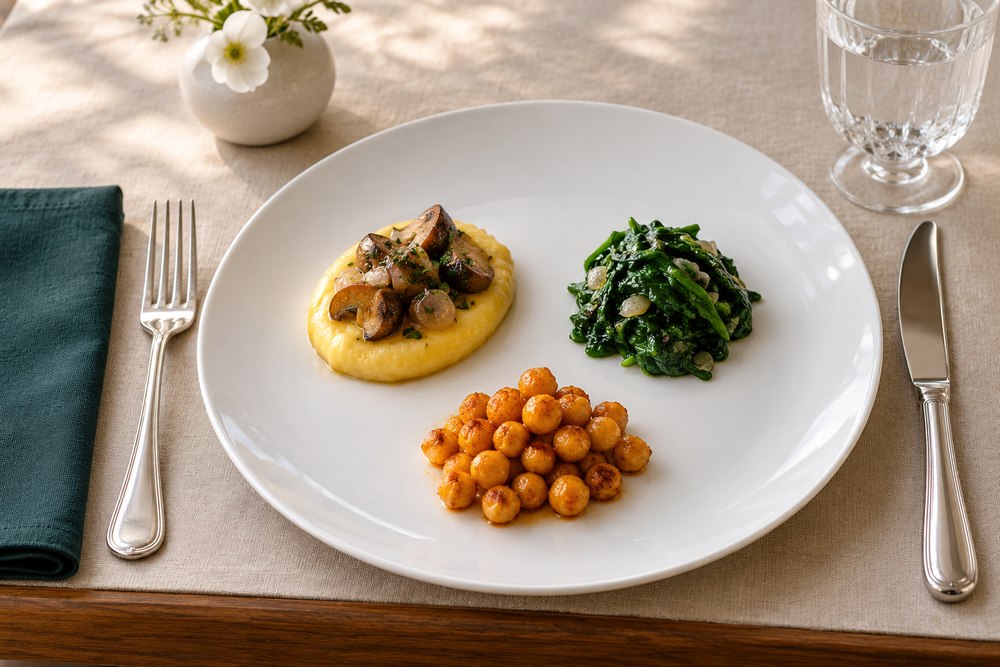 Ofenkichererbsen mit Spinat und Pilzpolenta